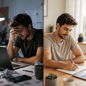 before and after using stress relief patch for calmness focus and daily balance showing reduced stress and improved clarity